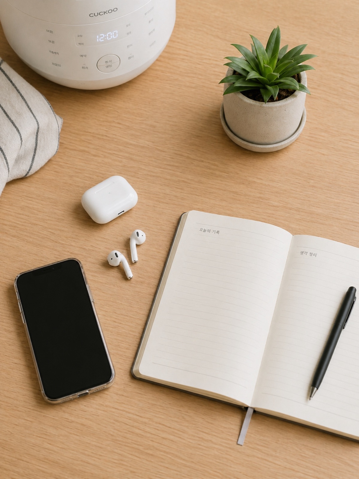 A simple desk — laptop, notebook, coffee, the tools already on your table.
